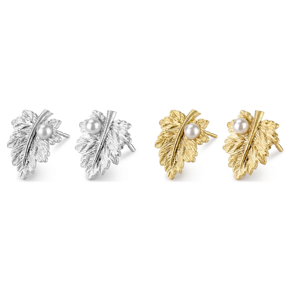 Stud earring leaf with pearl drop