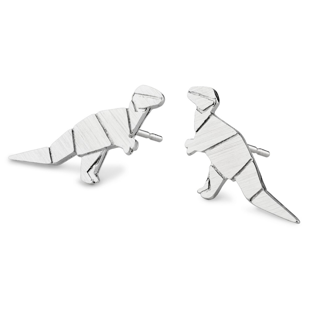 Stud earring matte origami dinosaur silver
