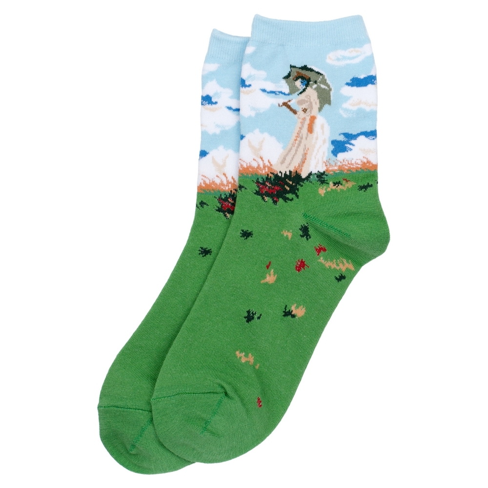 Socks cotton & spandex inspired by Monet Woman with a Parasol green & blue