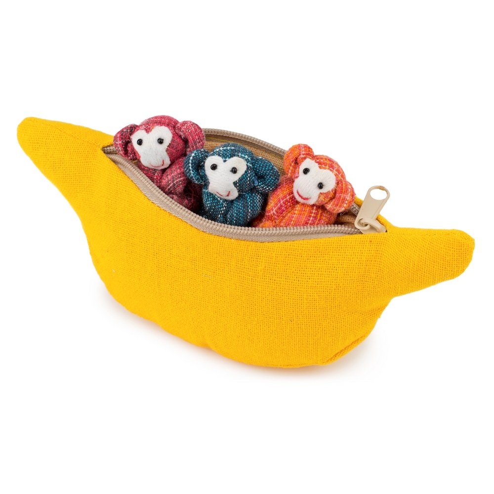 Ornament cotton soft banana with 3 tartan monkeys multicoloured