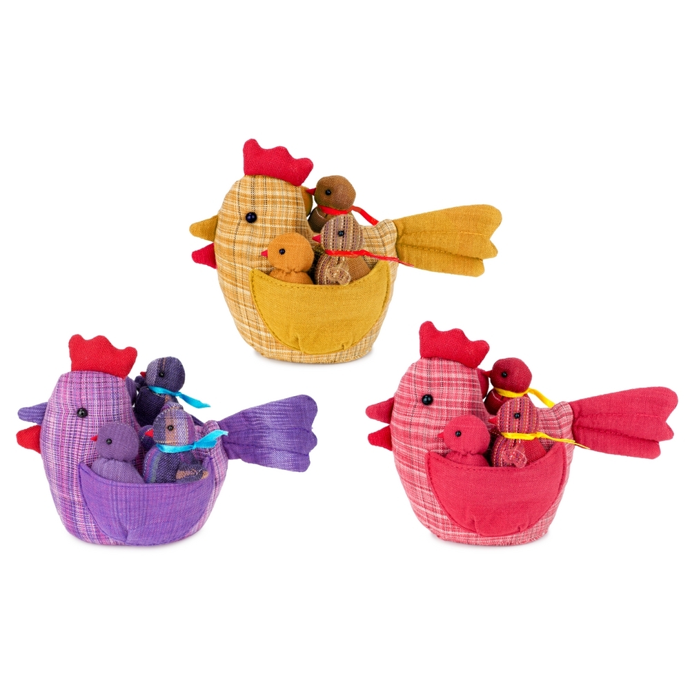 Ornament cotton soft tartan hen with 4 chicks multicoloured