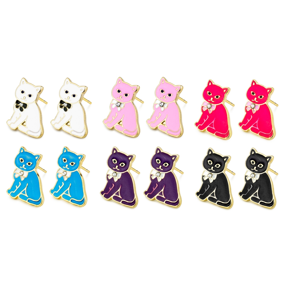 Stud earring diamante kitty assorted colours