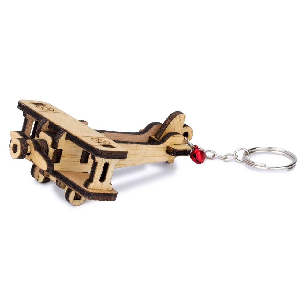 Keyring wood laser cut military propeller plane brown