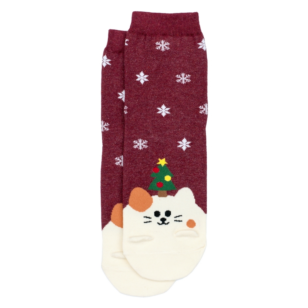 Socks cotton & spandex animal santa cat red
