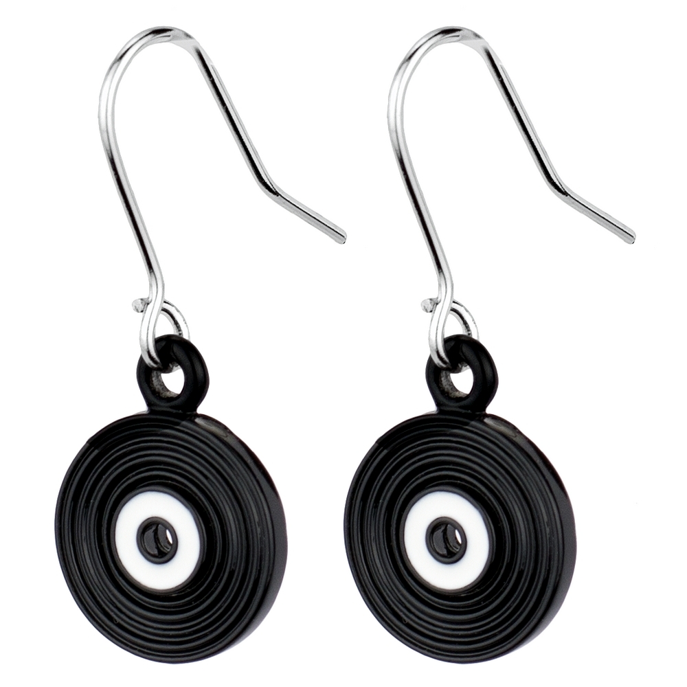 Drop earring enamel record black & white