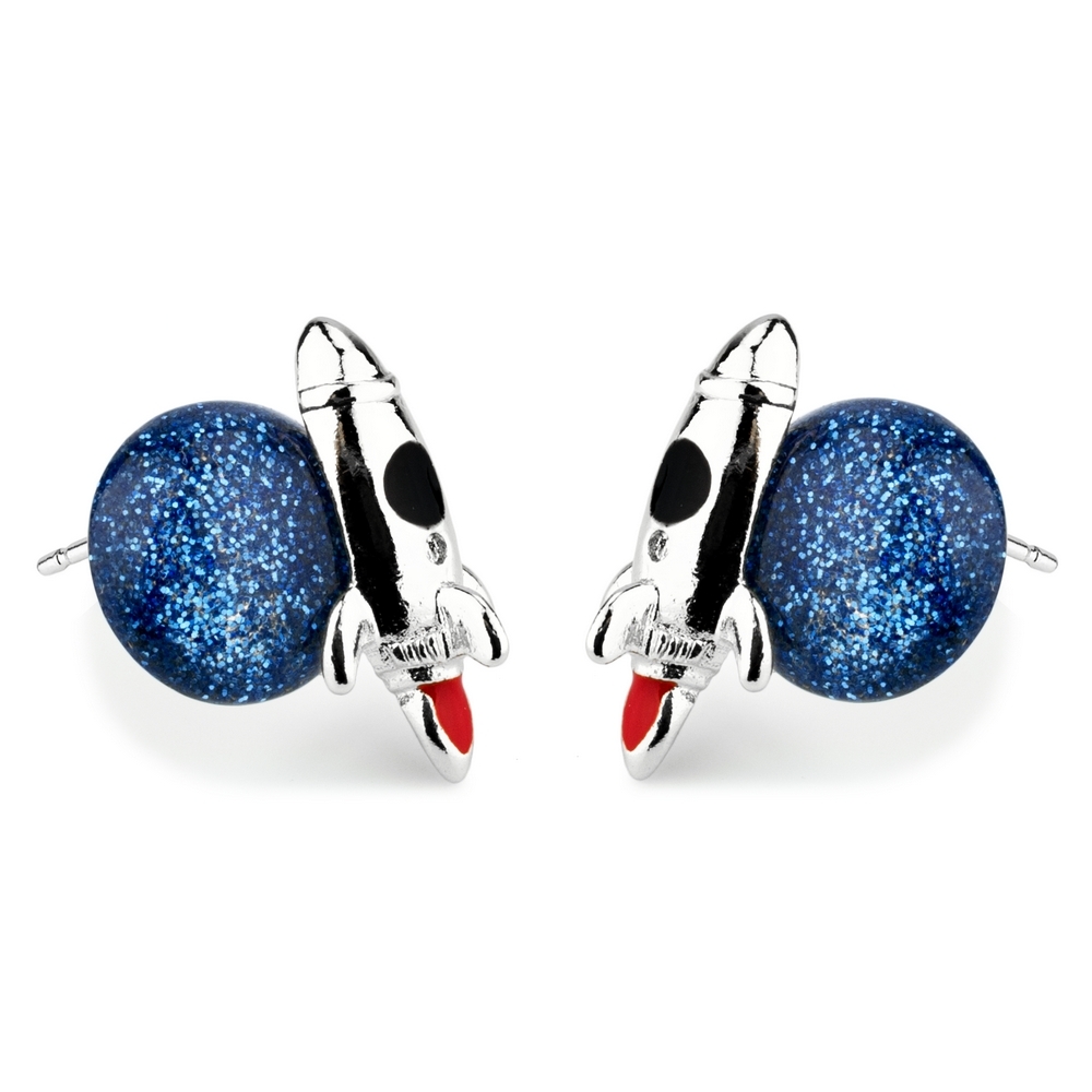 Stud earring enamel rocket & moon multicoloured