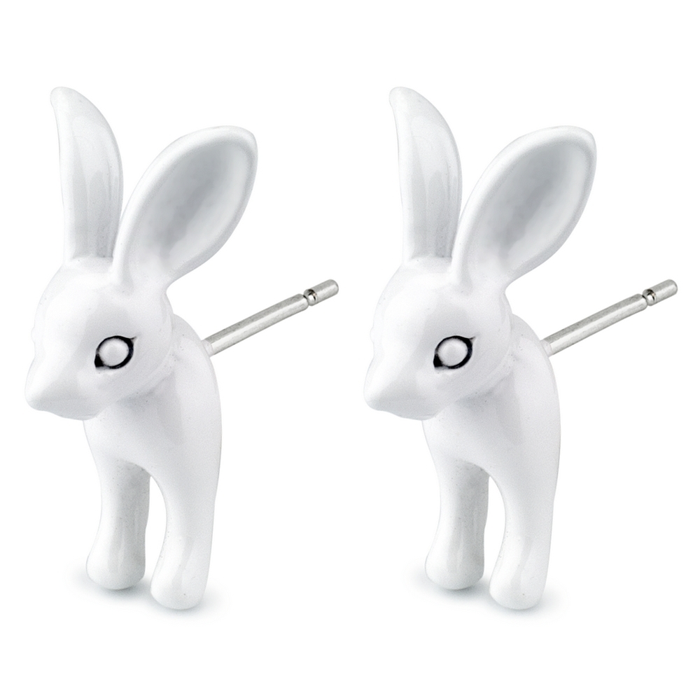 Stud earring enamel rabbit white