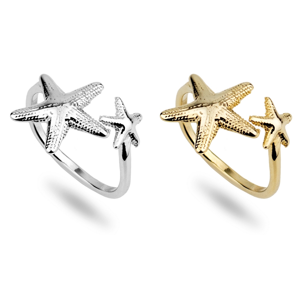 Ring double starfish silver & gold