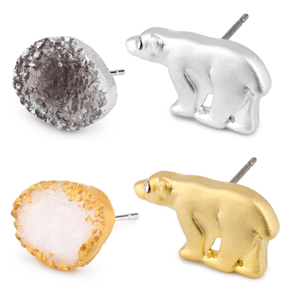 Stud earring crystal glass polar bear &  iceberg