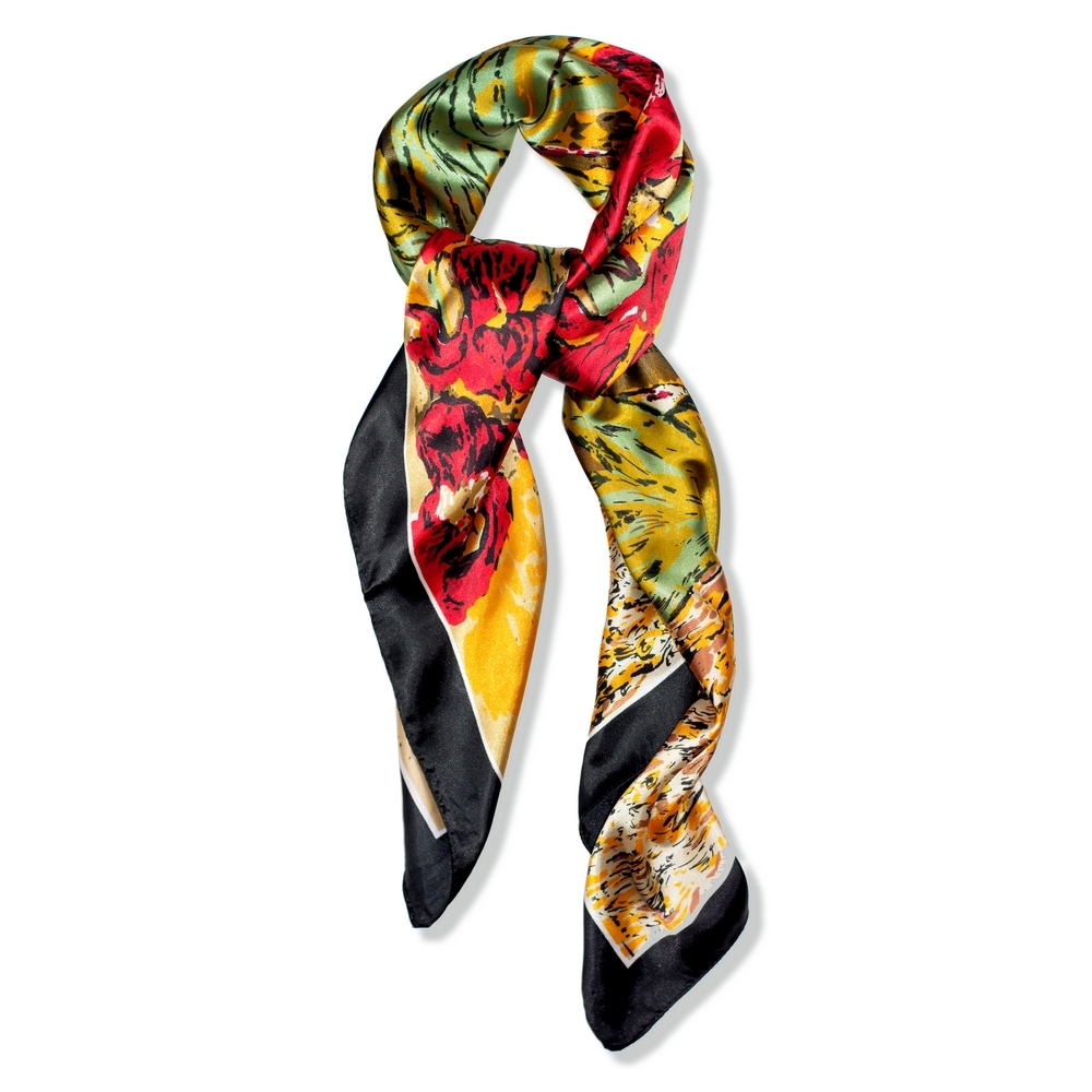 Scarf silk floral burst black