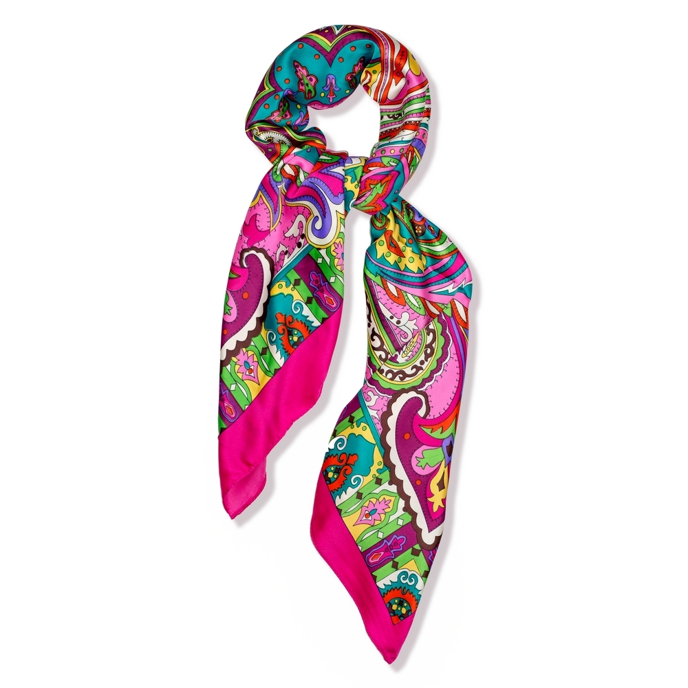 Scarf silk vibrant paisley fuschia
