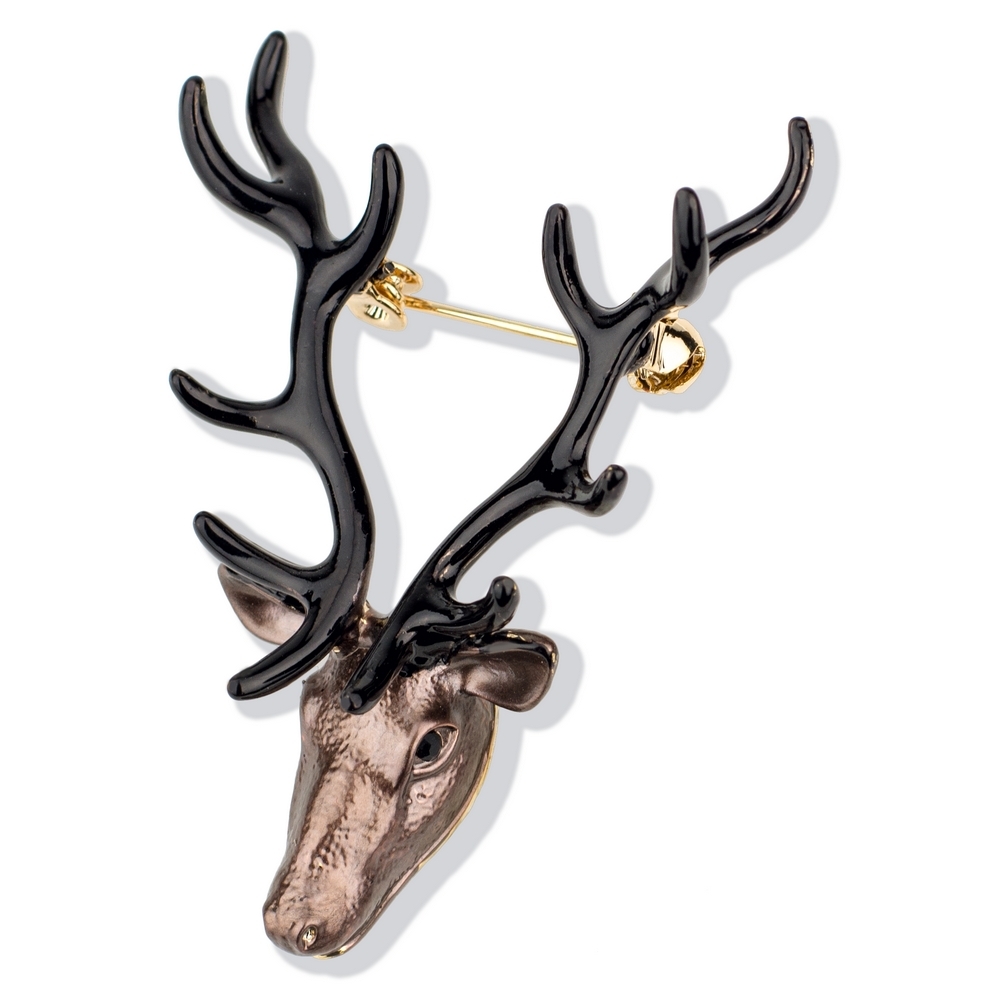 Clutch pin brooch enamel stag head brown