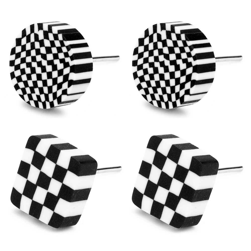 Stud earring polymer clay checkers illusion