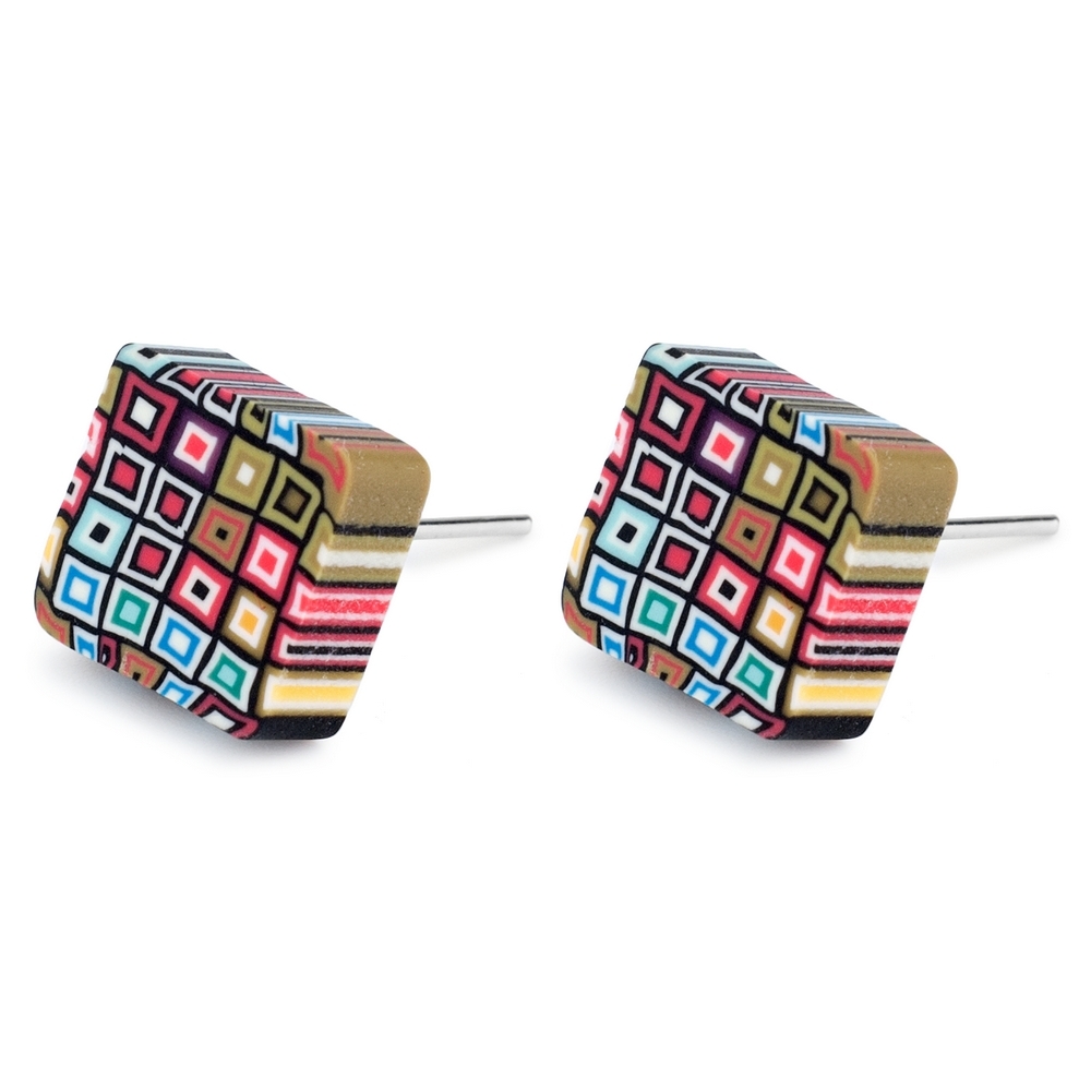 Stud earring polymer clay multi square