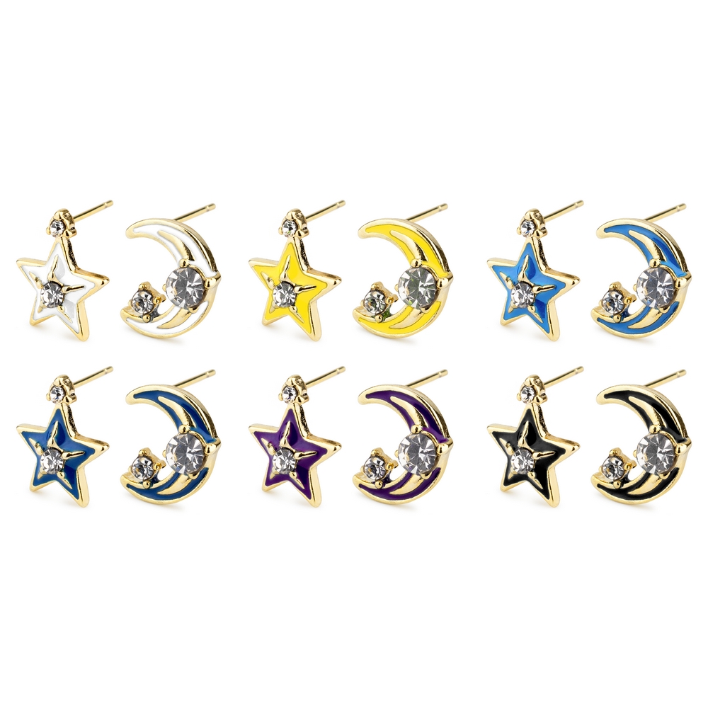 Stud earring cubic zirconium moon and star assorted colours