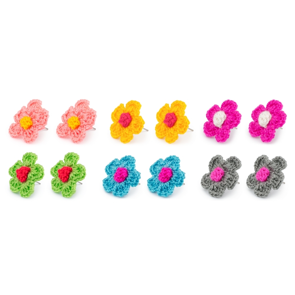 Stud earring cotton crochet flower assorted colours