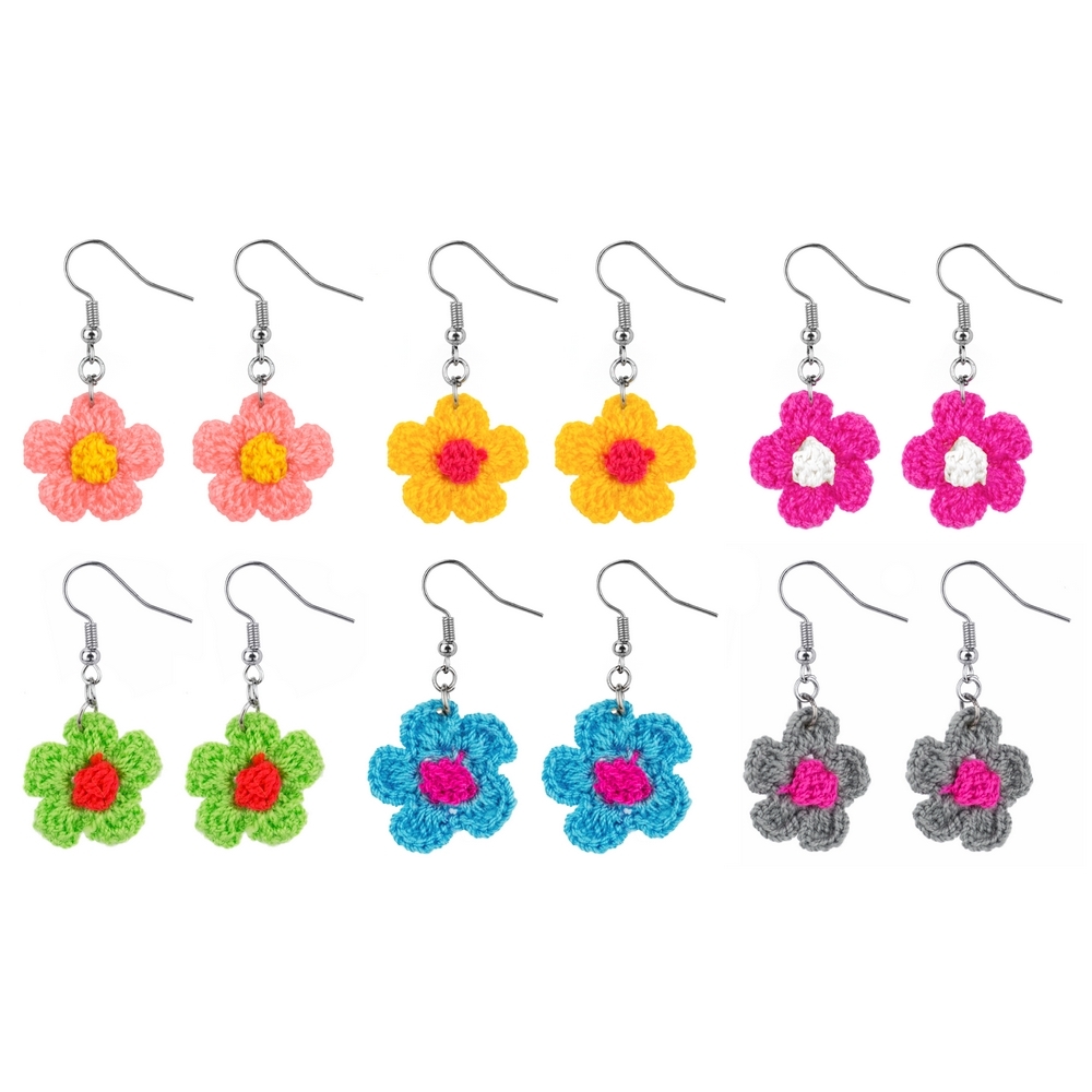 Drop earring cotton crochet flower assorted colours