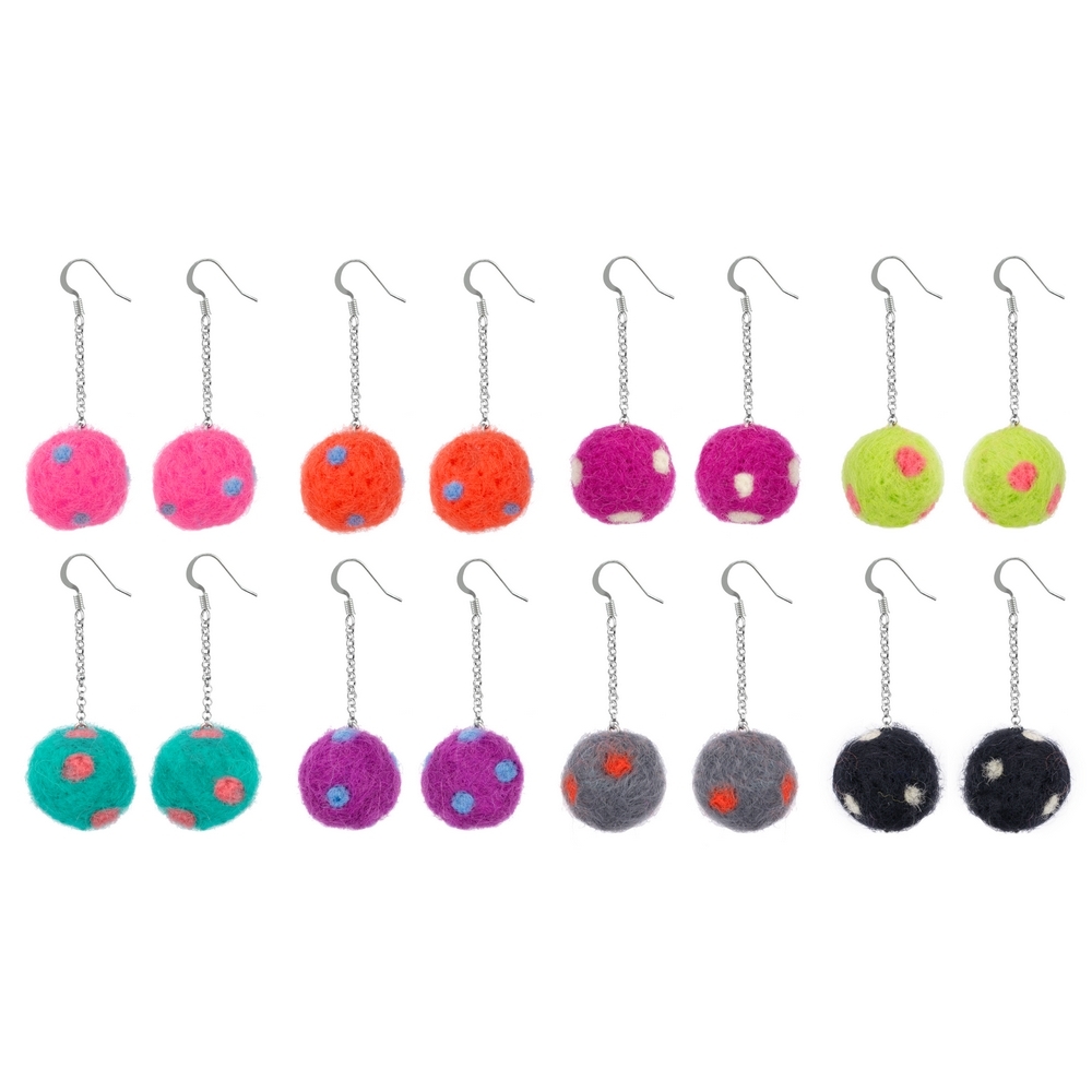 Drop earring felt polka pompom single chain multicoloured