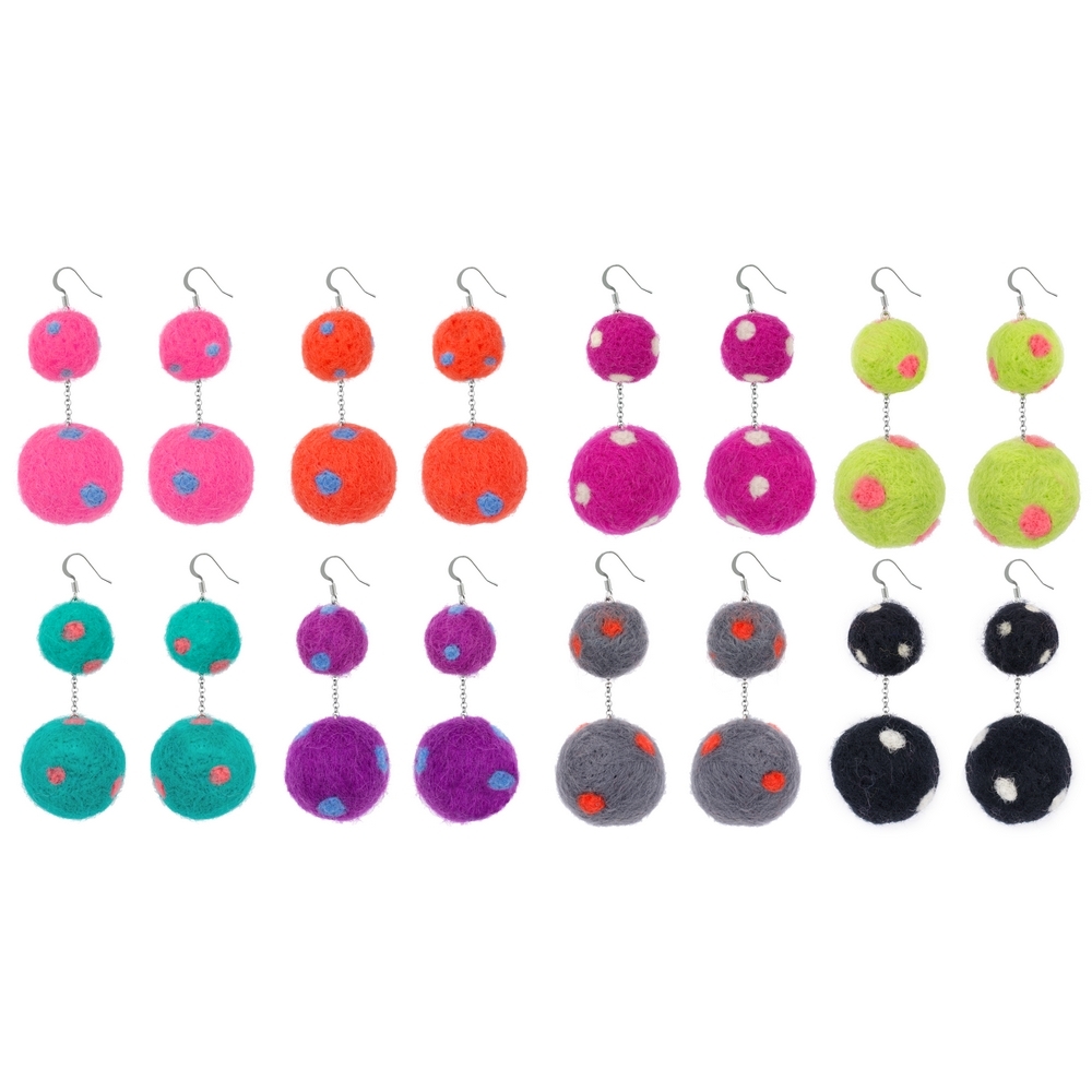 Drop earring felt polka pompom double multicoloured