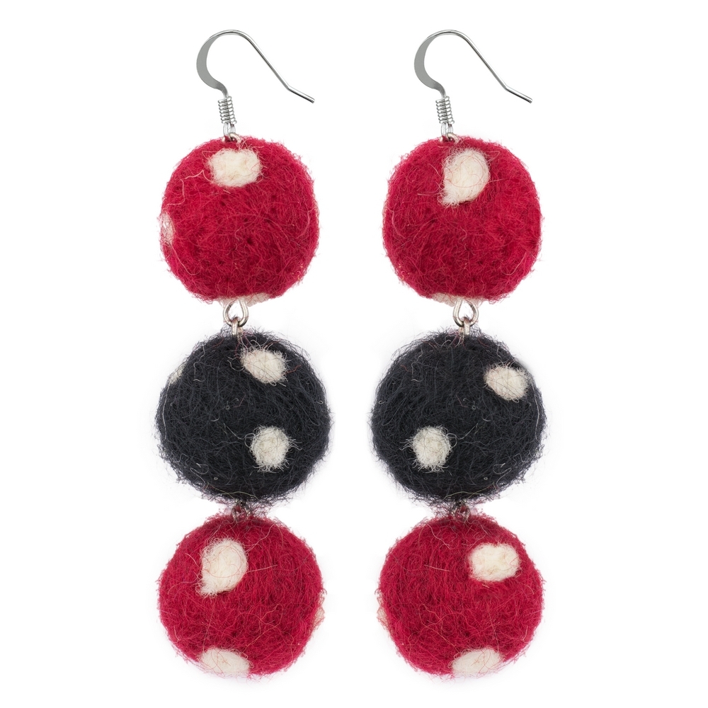 Drop earring felt polka pompom triple red & black & white