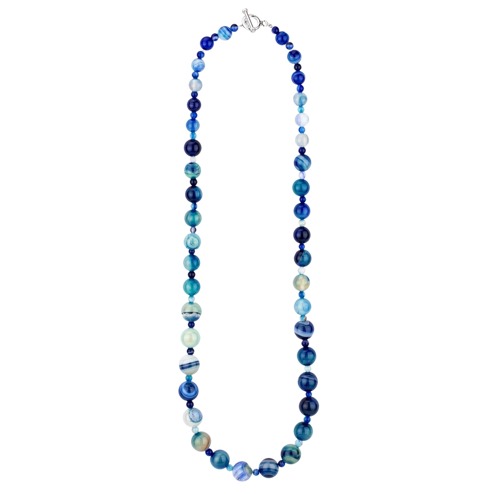 Necklace agate stone graduated bead blue