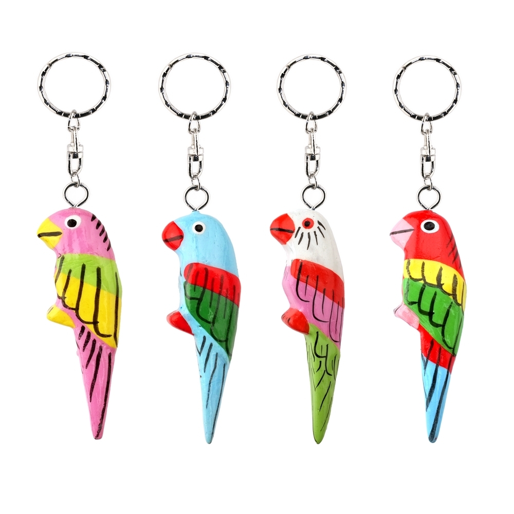 Keyring wood hand carved & painted parrot assorted colours
