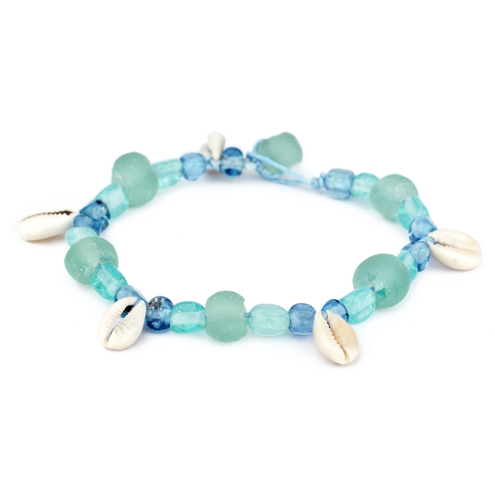 Bracelet cowrie shell & sea glass blue