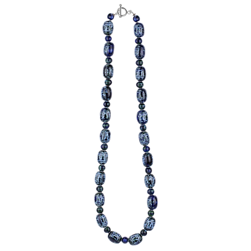 Long necklace ceramic dynasty oval blue