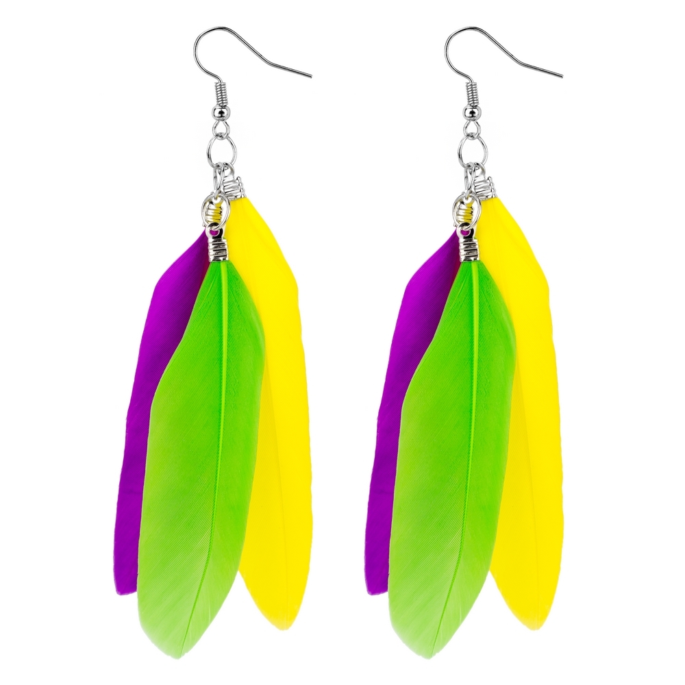 Drop earring feather bunch fuchsia, green & yellow