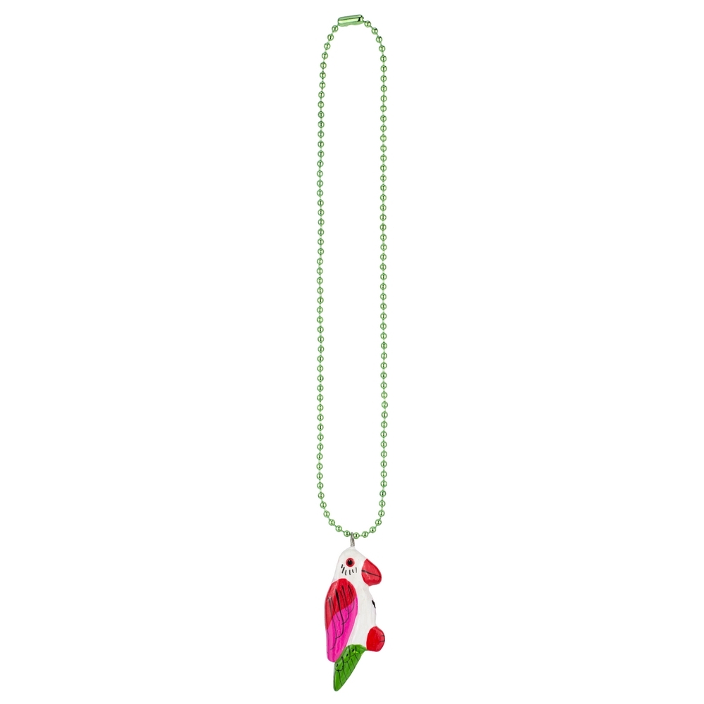 Necklace wood hand carved & painted parrot white