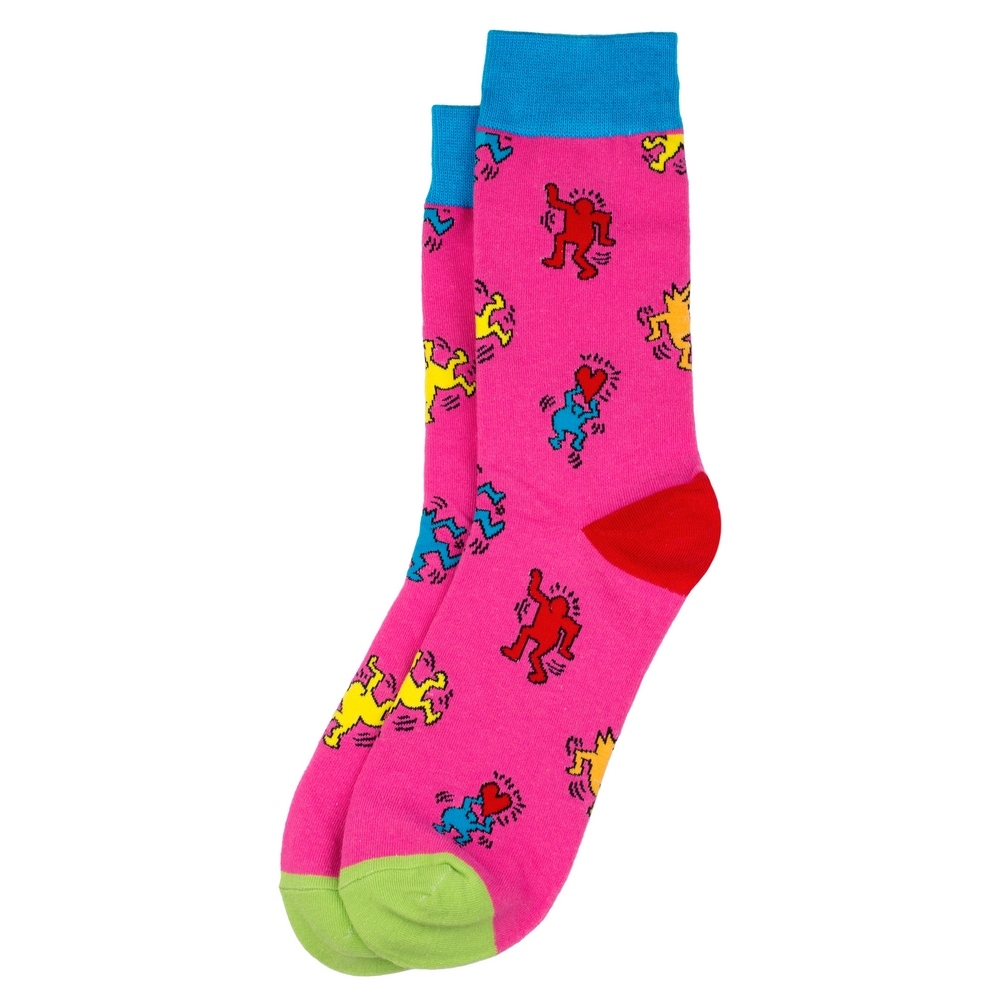 Socks cotton & spandex inspired by Keith Haring - pop art crowd pink