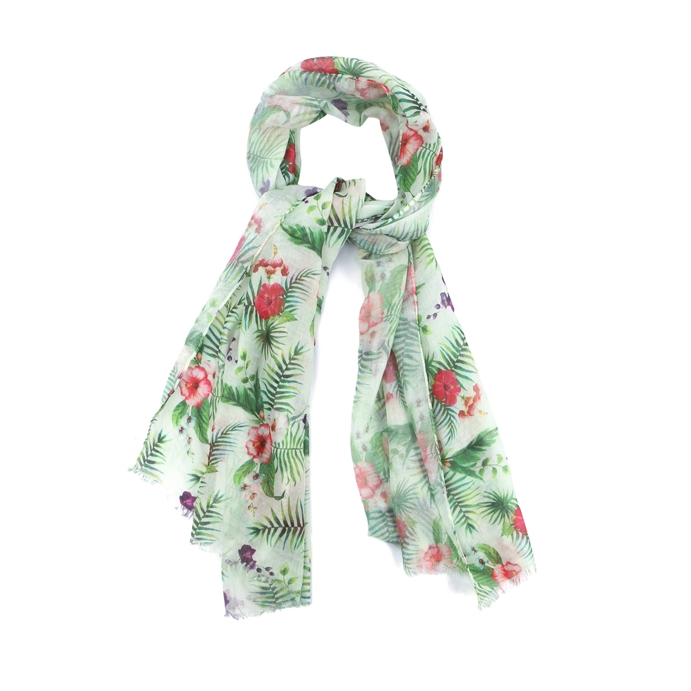 Scarf cotton tropical hibiscus flower fern green