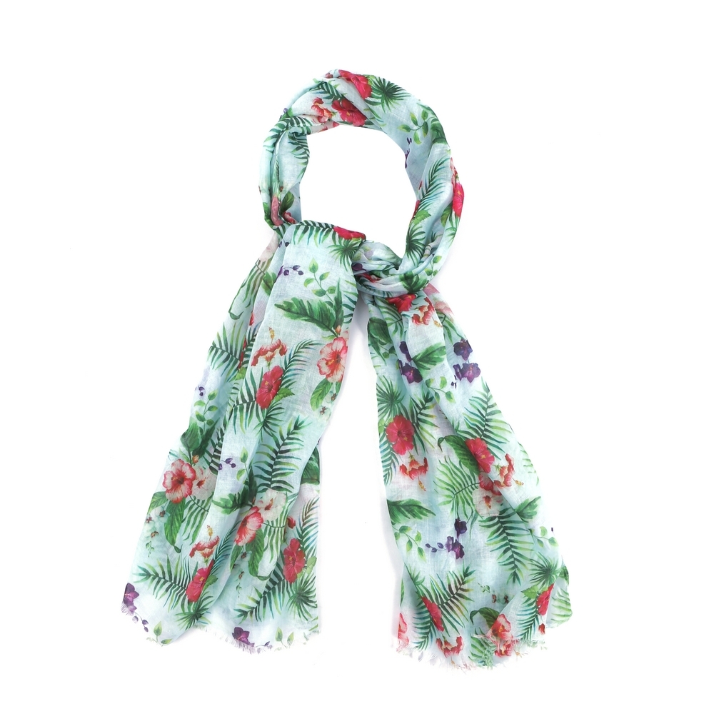 Scarf cotton tropical hibiscus flower cloud blue