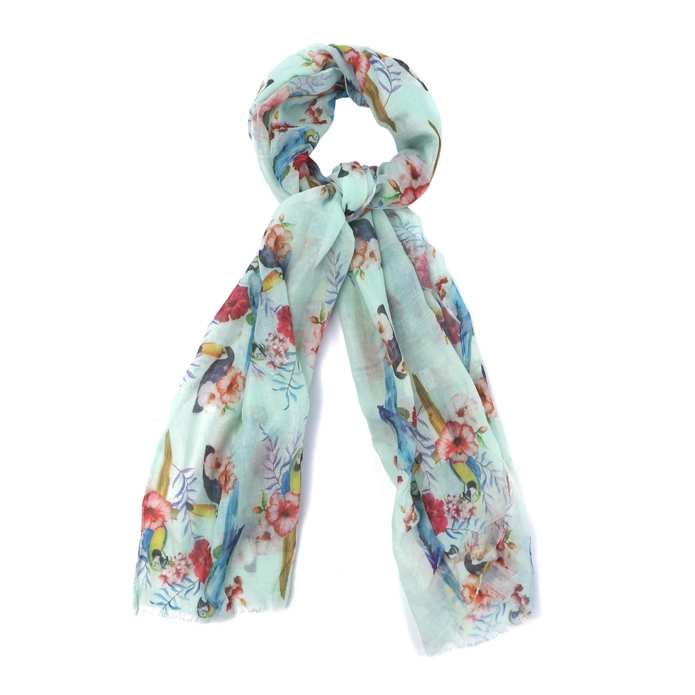 Scarf cotton tropical birds mint green