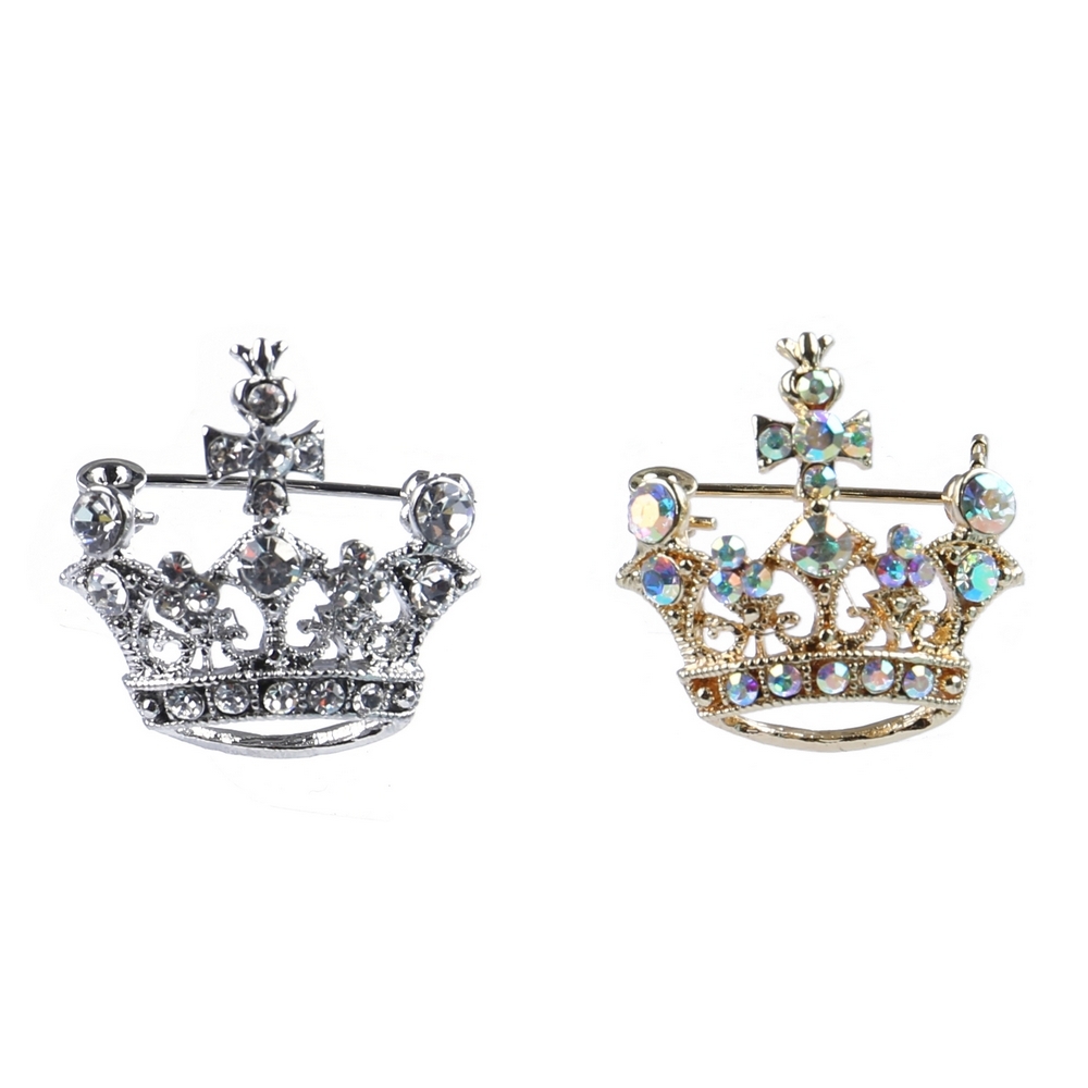 Brooch crystal glass aurora borealis crown silver & gold