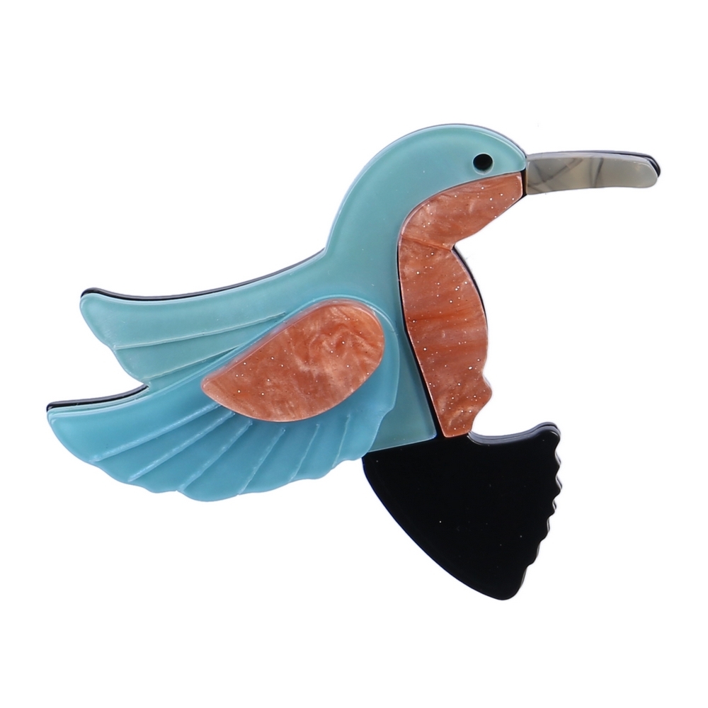 Brooch acrylic hummingbird pearlised blue