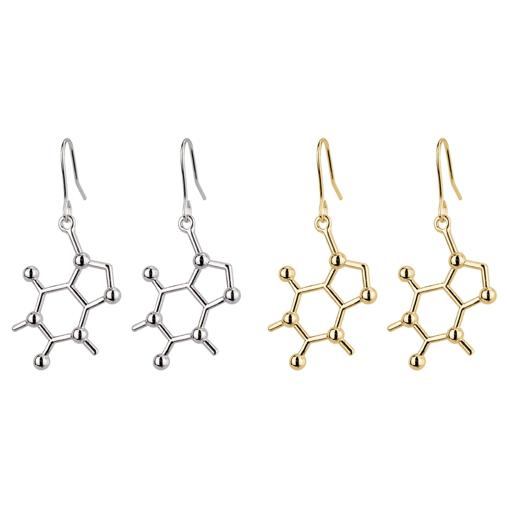 Drop earring caffeine molecule silver & gold
