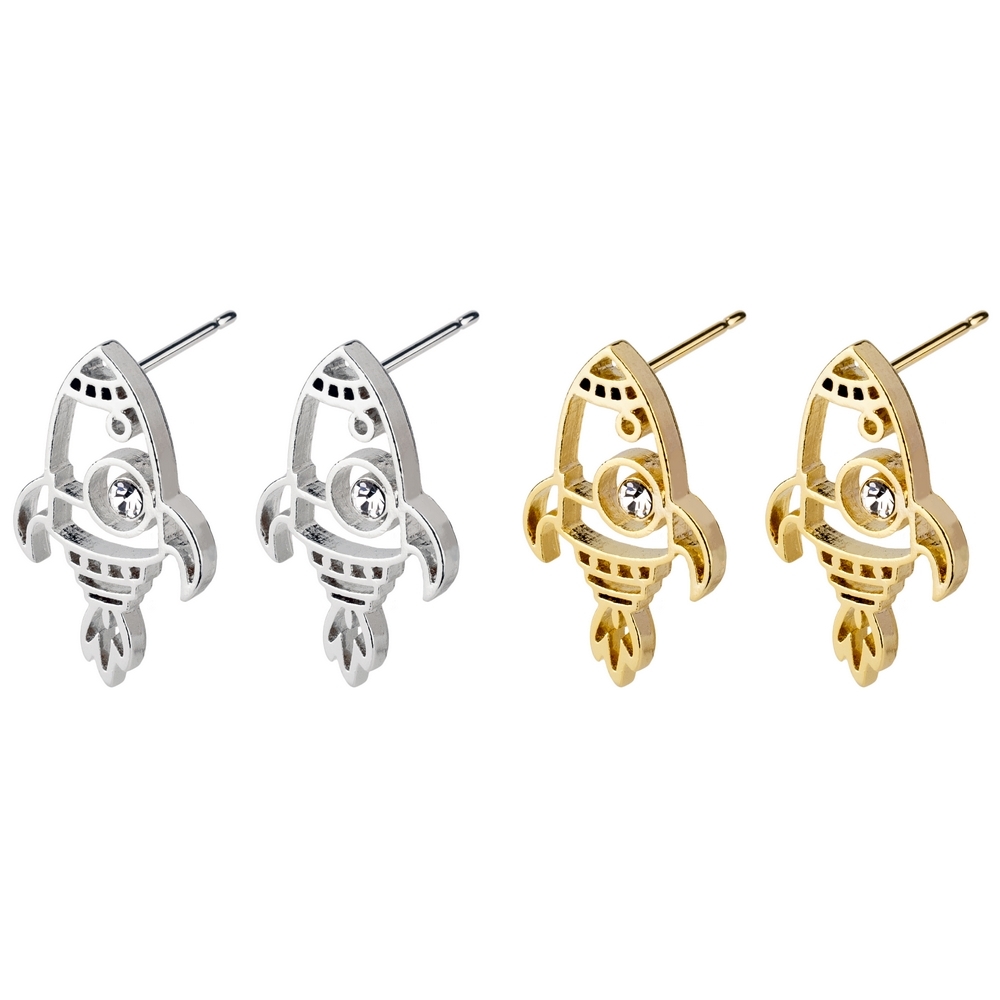 Stud earring crystal glass rocket outline silver & gold