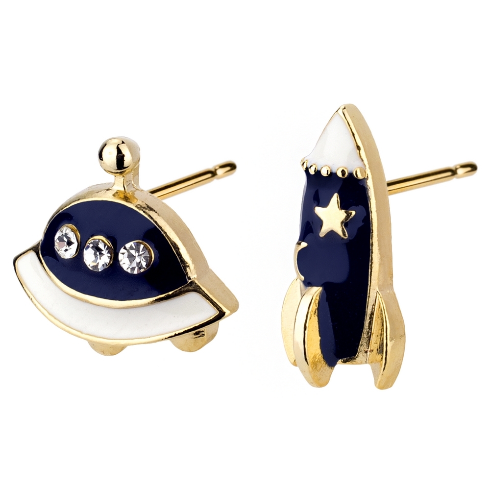 Stud earring enamel & crystal glass rocket & spaceship multicoloured