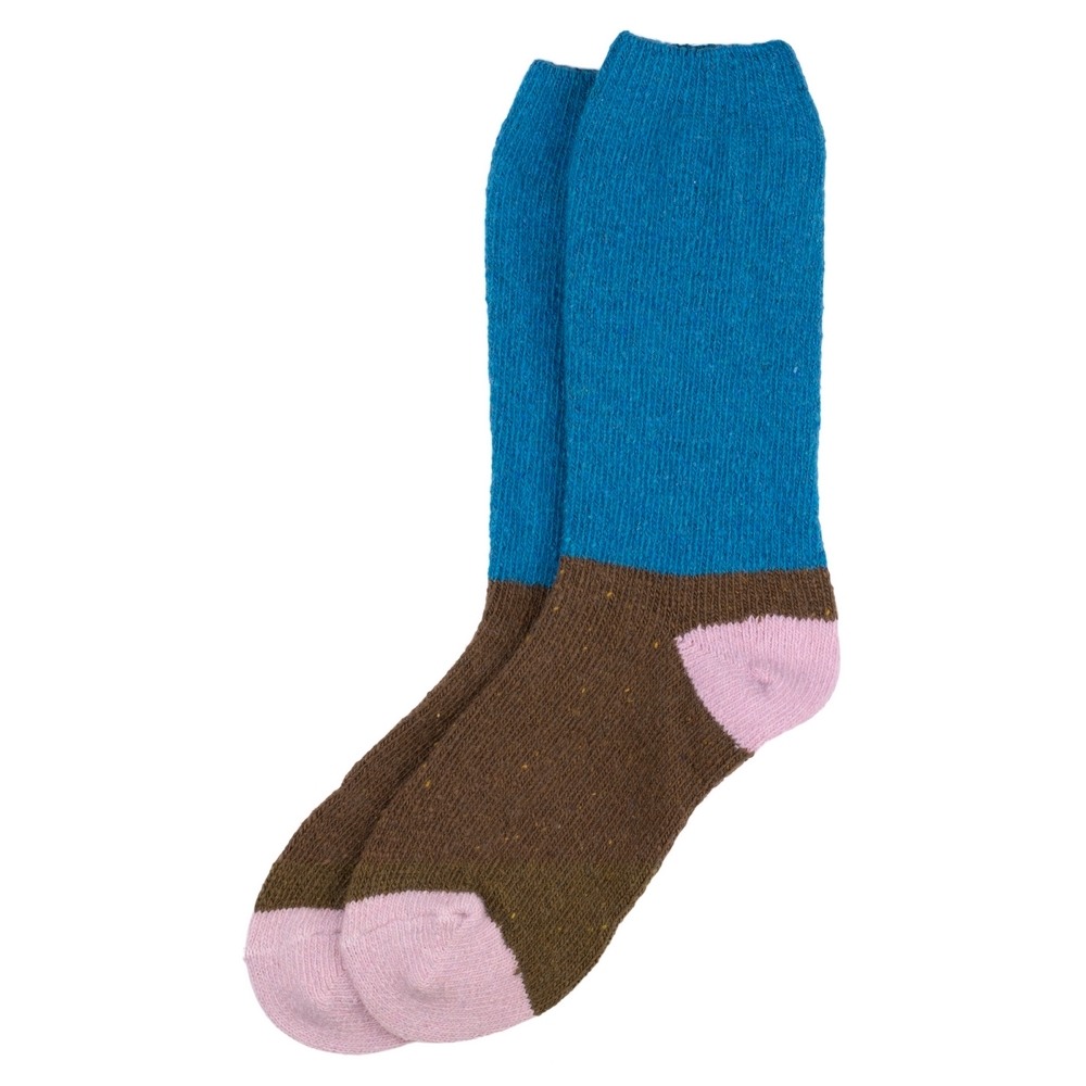Socks wool & acrylic knit block brown & blue