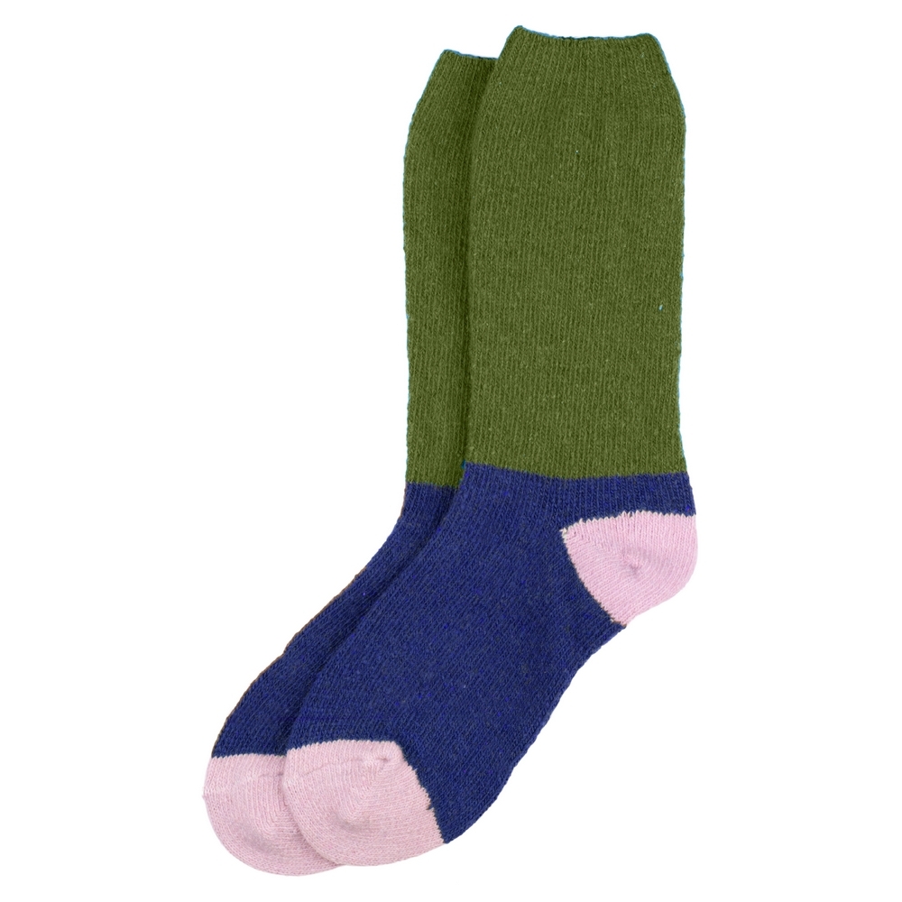 Socks wool & acrylic knit block green & blue
