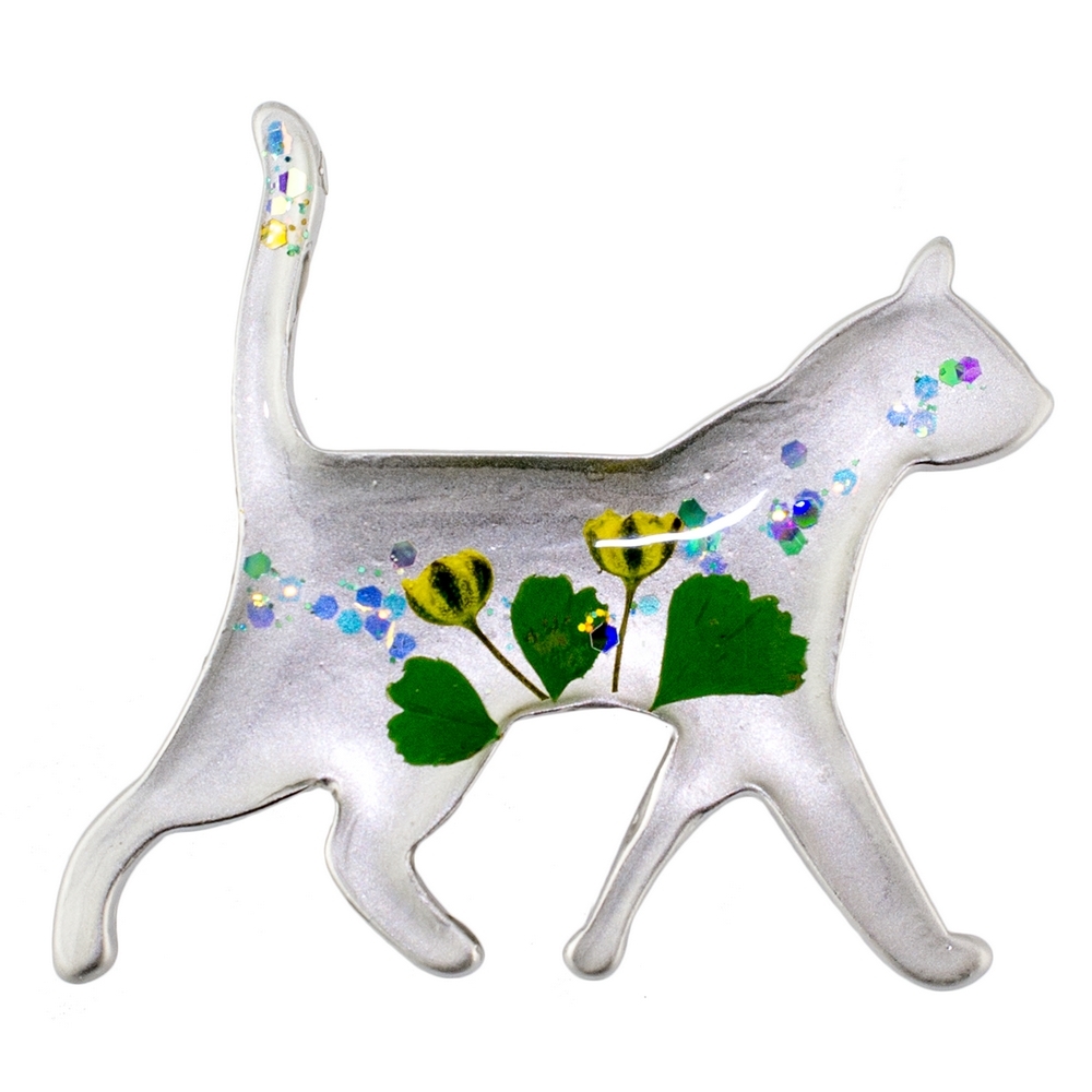 Brooch acrylic flower striding cat multicoloured