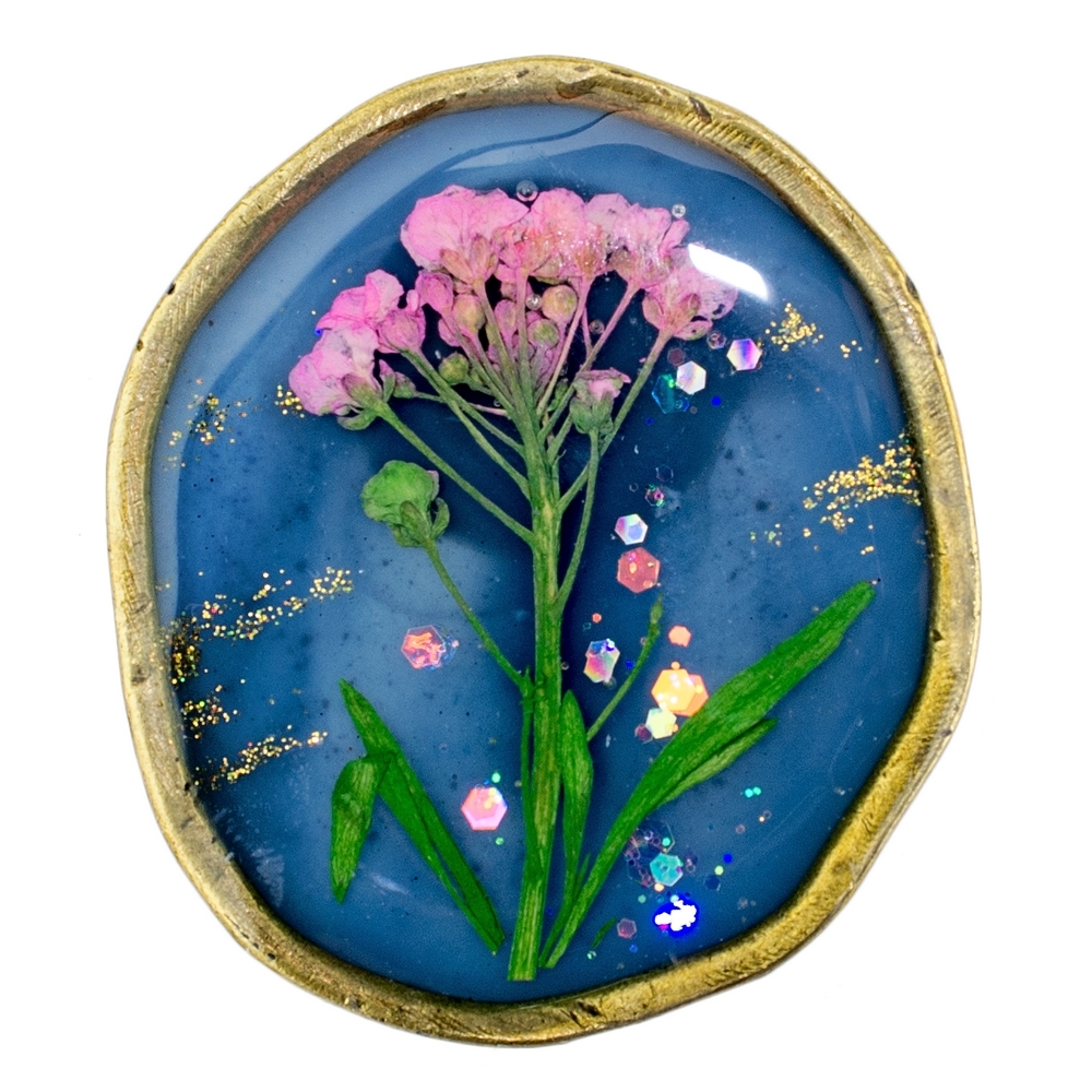 Brooch acrylic pressed flowers blue