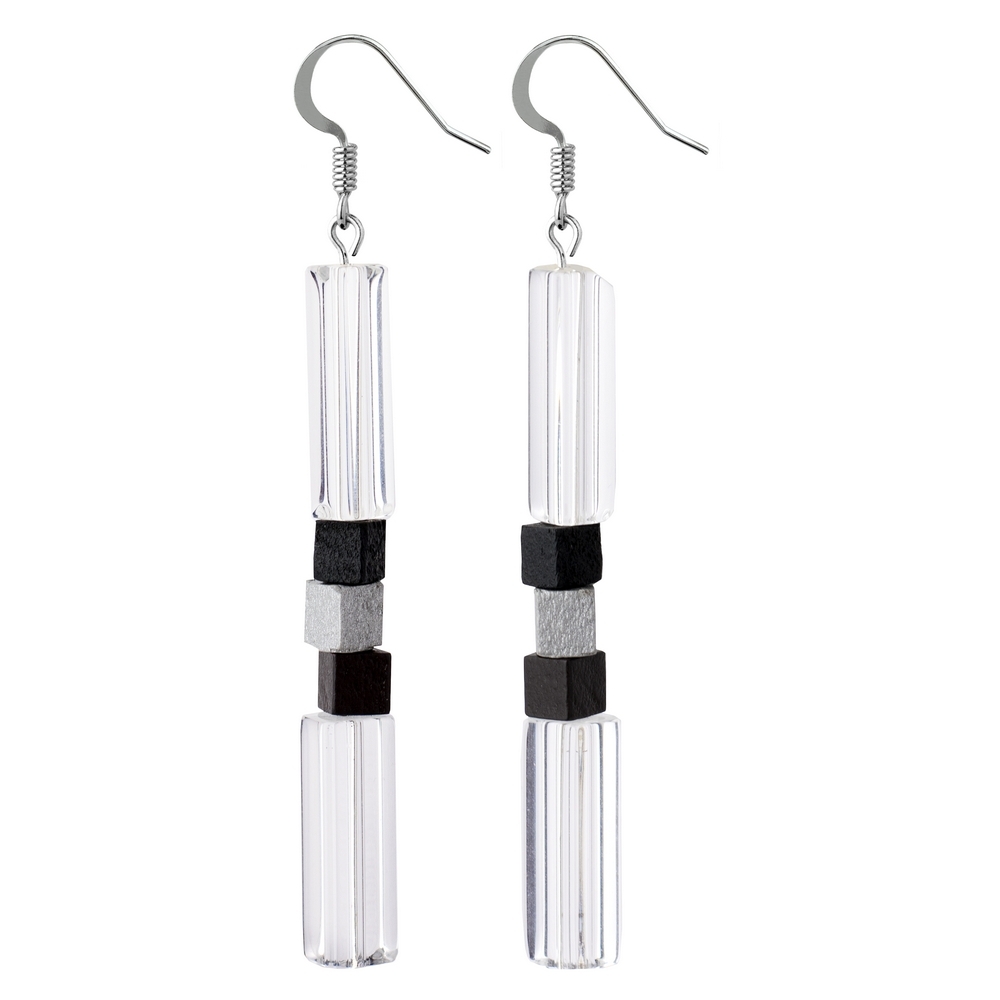 Drop earring glass & wood manhattan monochrome black clear