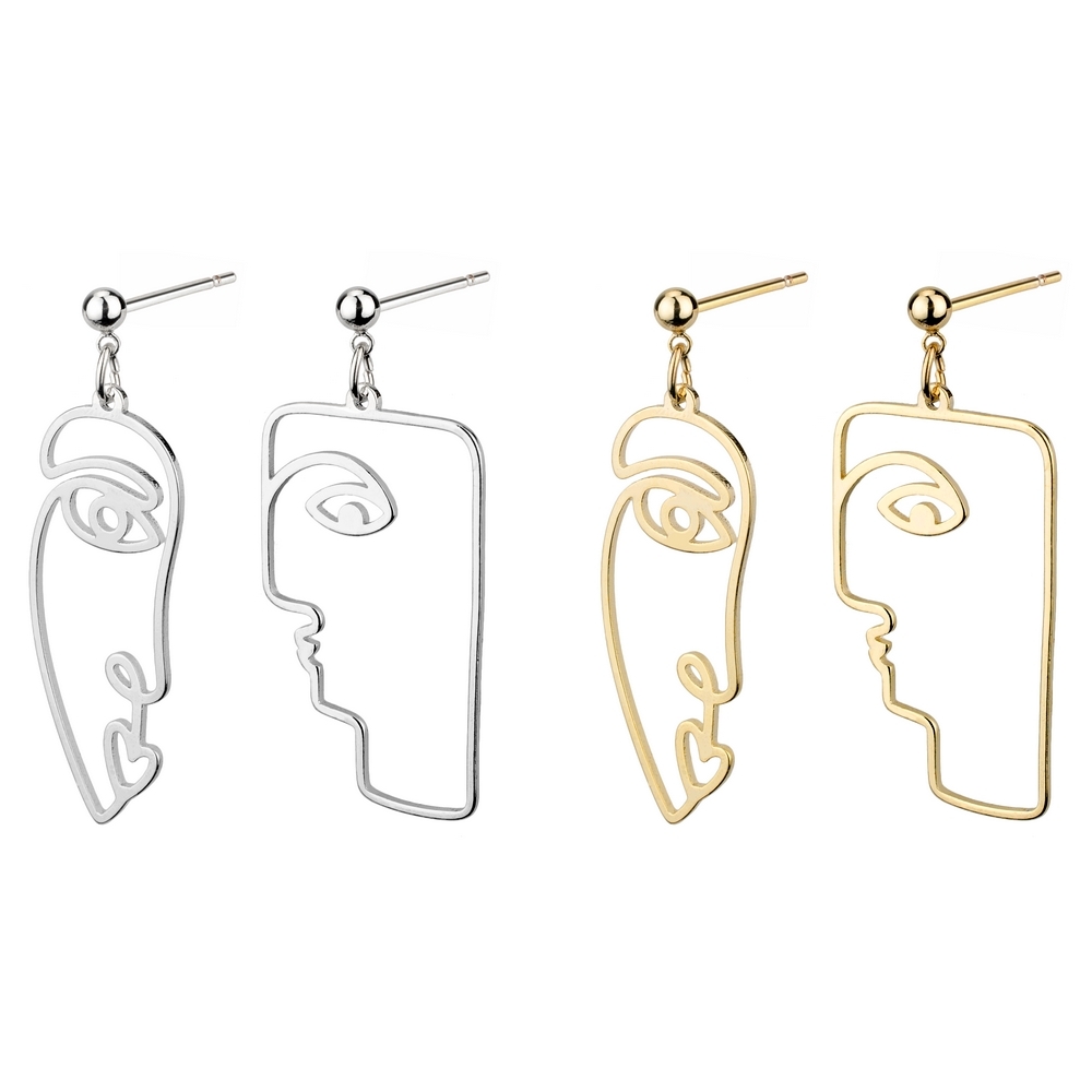Stud & drop earring brass line art portrait silver & gold