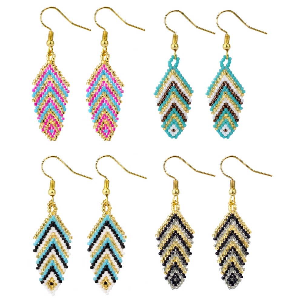 Drop earring glass beads feather assorted colours