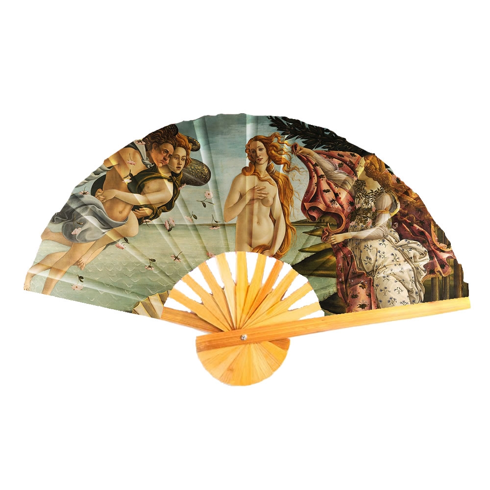 Fan polyester cotton mix & bamboo inspired by Botticelli birth of venus multicoloured