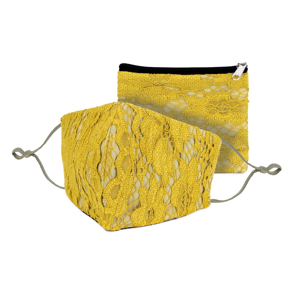 Face Mask cotton with lace purse ochre yellow