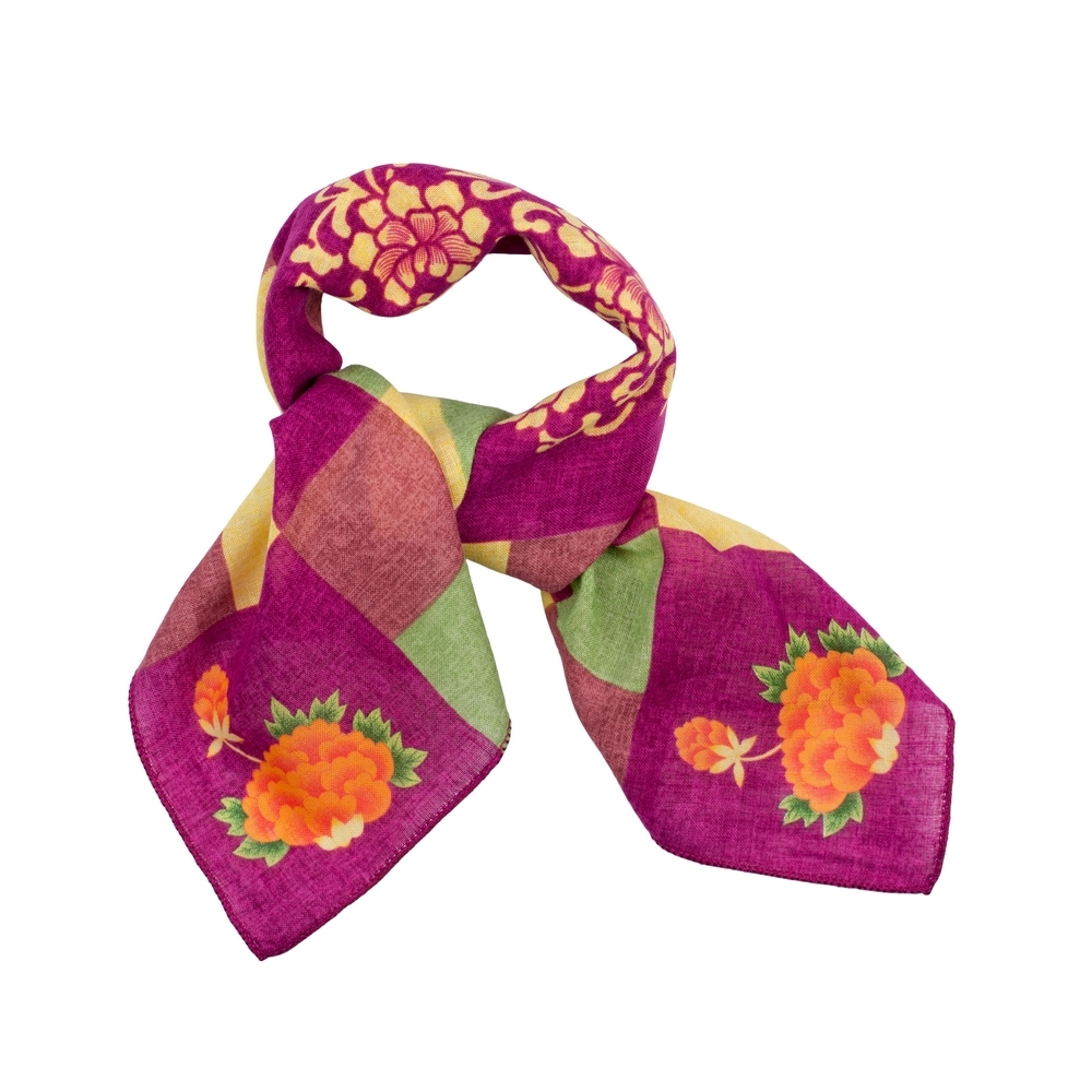 Scarf cotton kerchief peony checker burgundy