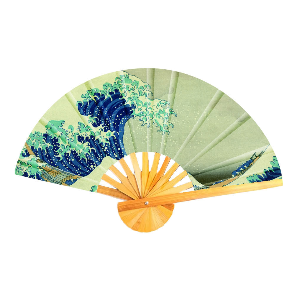 Fan polyester cotton mix & bamboo inspired by Hokusai the great wave of kanagawa blue